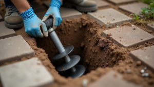 Close-up of gloved hands positioning moling equipment in a small launch pit beside paving.