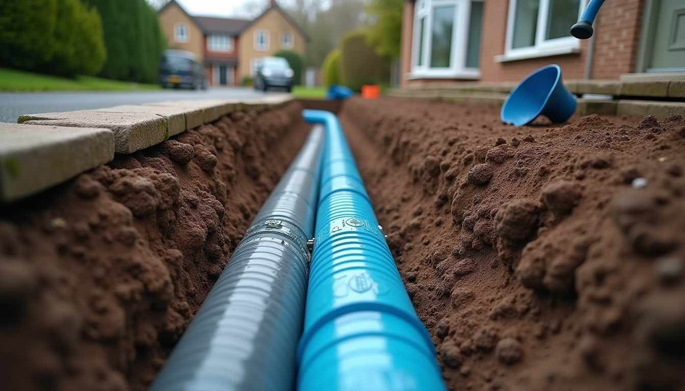 Exposed underground water supply pipes in a trench beside a driveway during replacement work.