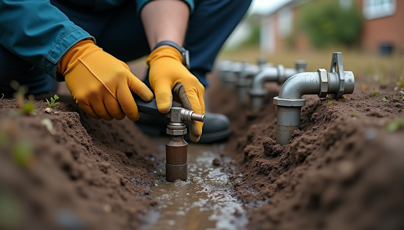 Close-up of gloved hands using a tool beside exposed underground water pipework.