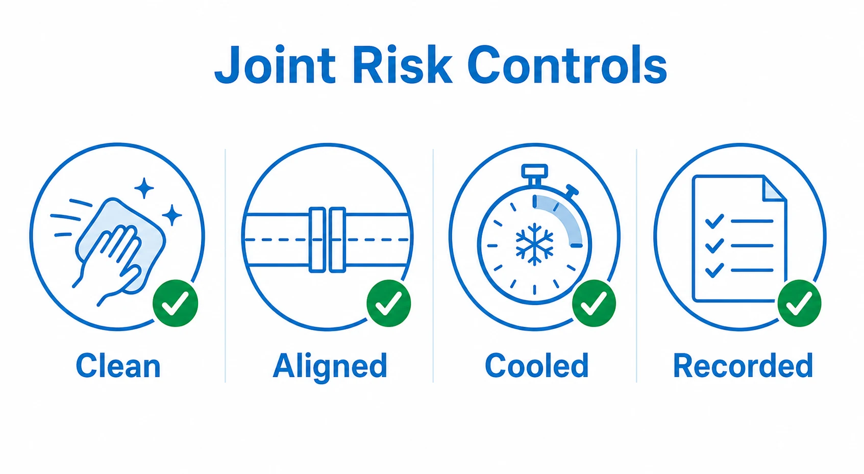 Checklist graphic showing clean, aligned, cooled and recorded joint controls