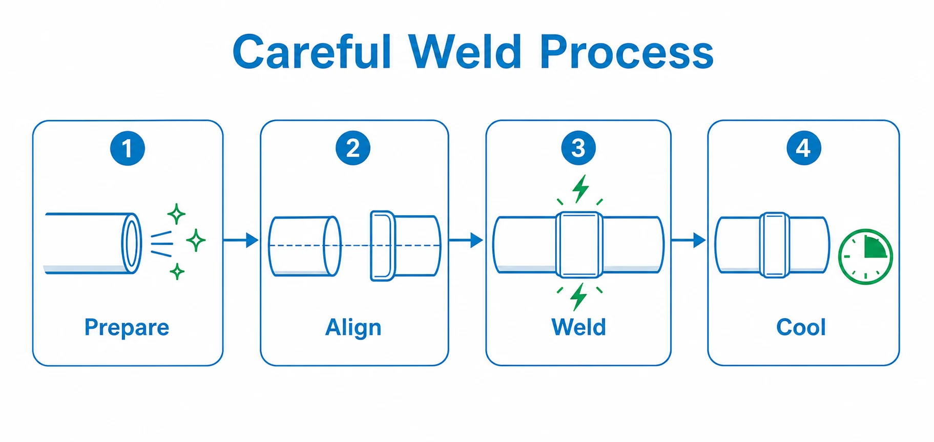 Four step graphic showing prepare, align, weld and cool in an electrofusion process