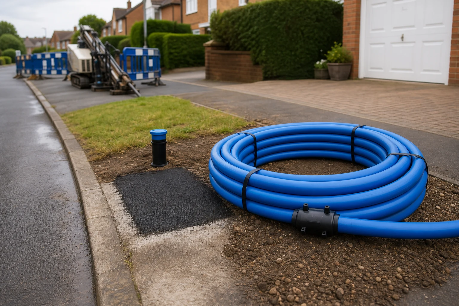 Neatly placed blue pipe coil beside a tidy suburban directional drilling work area
