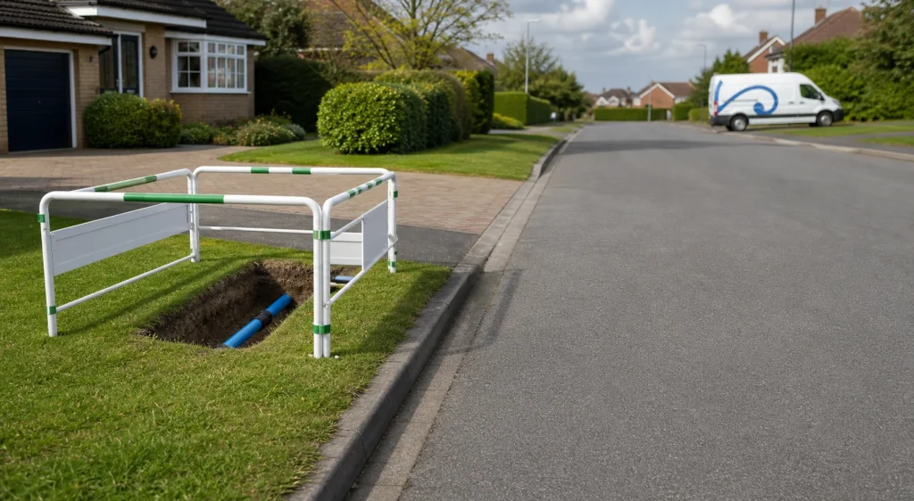 Tidy suburban water pipe replacement area with a clean blue pipe at the verge