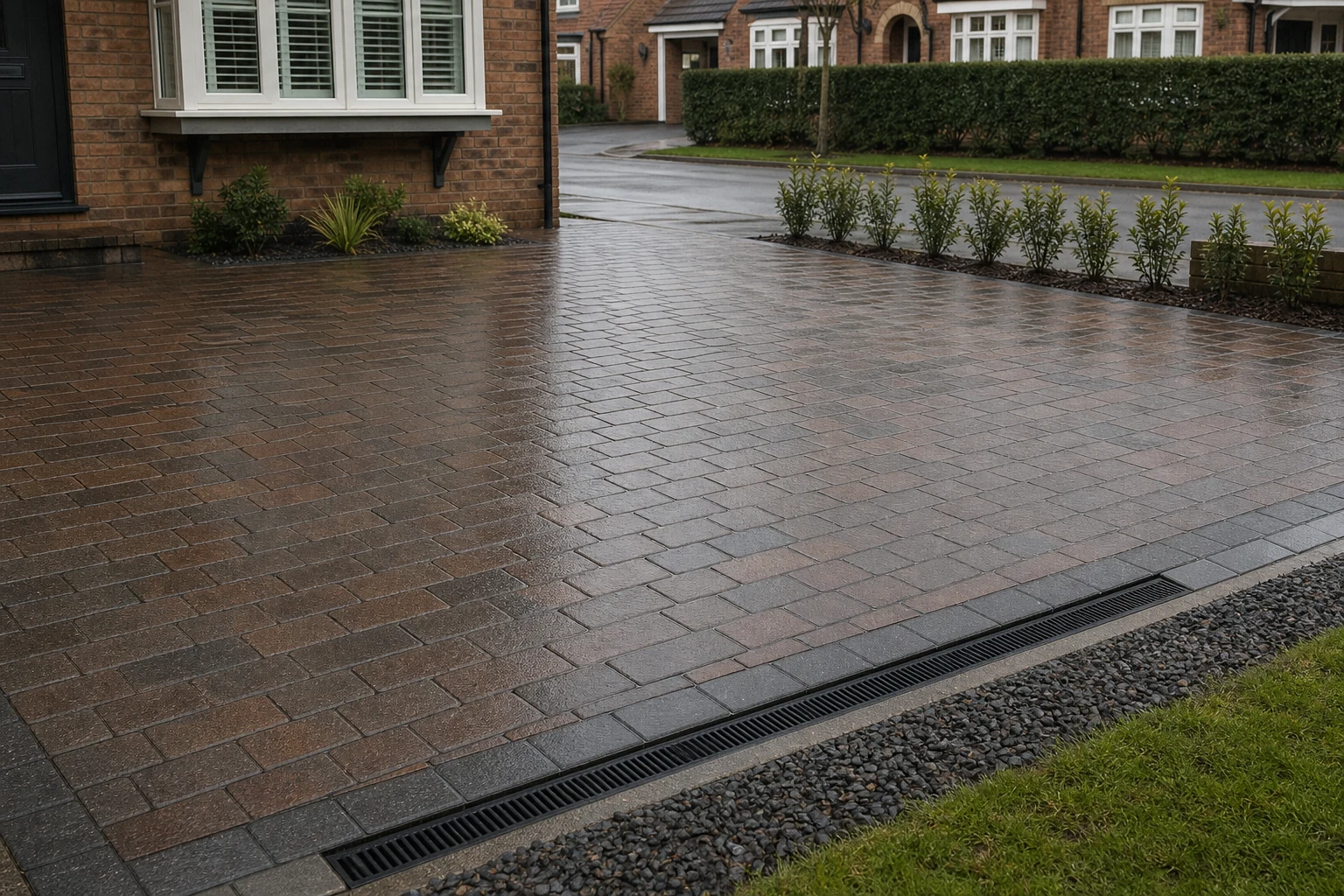 A clean driveway after rain with water draining away properly.