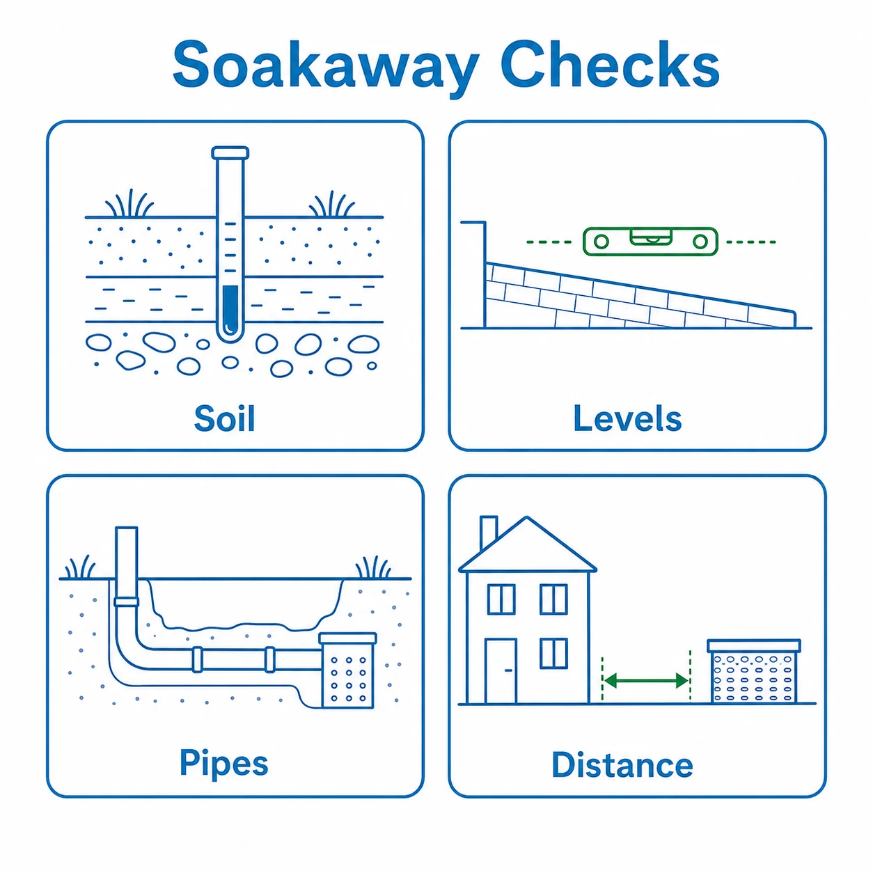 Checklist graphic showing soil, level, pipe and distance checks for a soakaway.