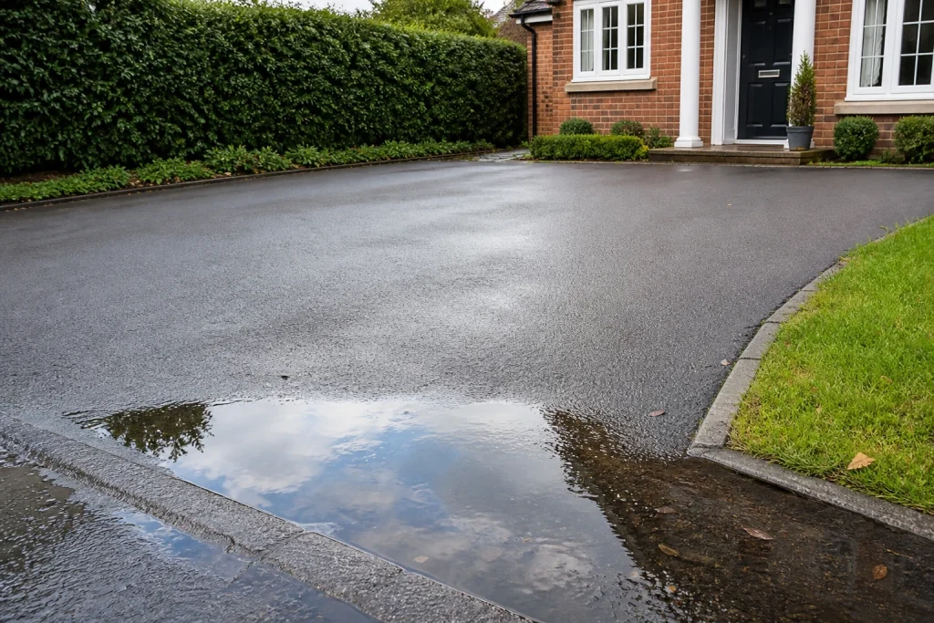 Rainwater pooling on a clean suburban driveway after heavy rain.