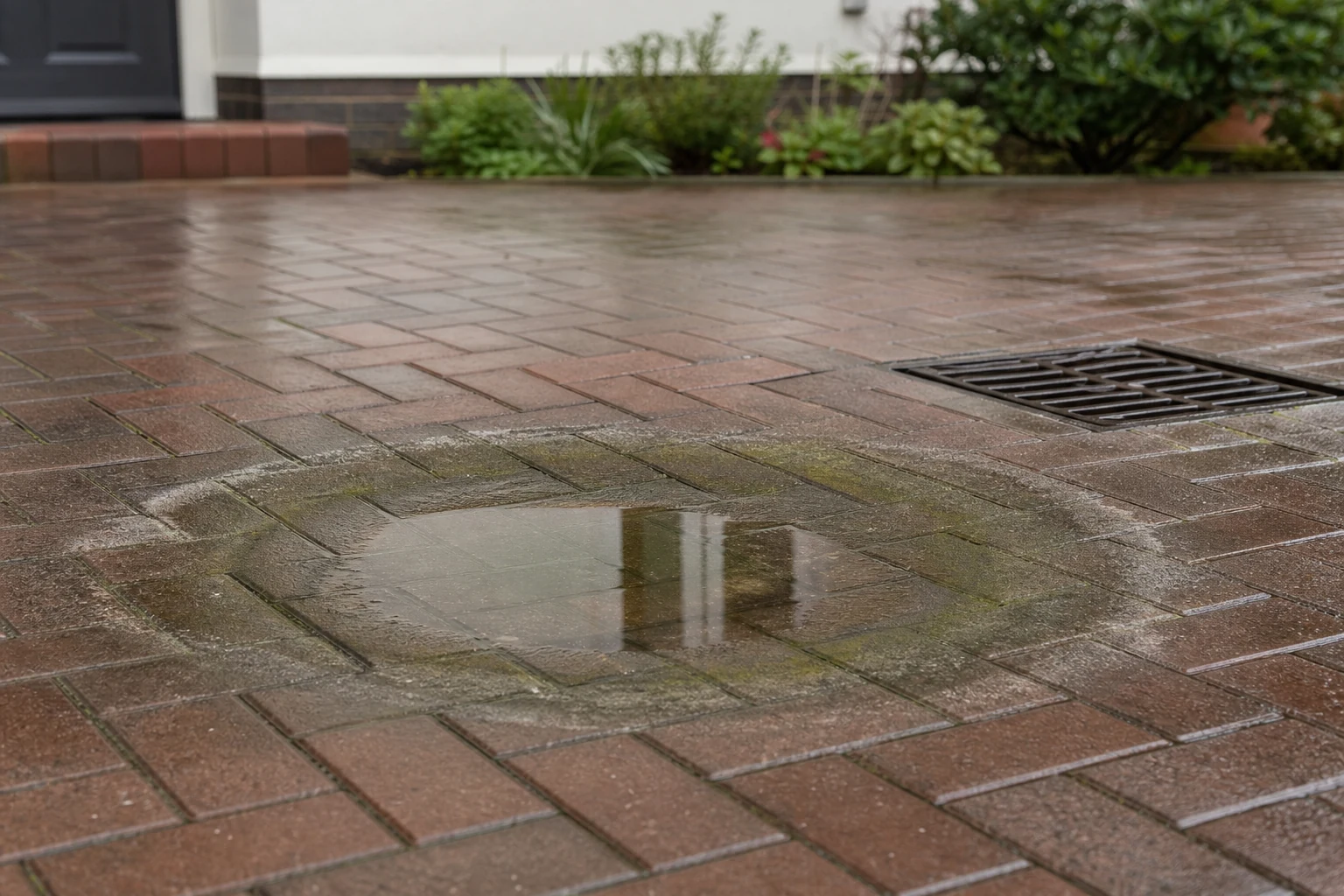 Standing water and damp marks at a low point on a driveway.