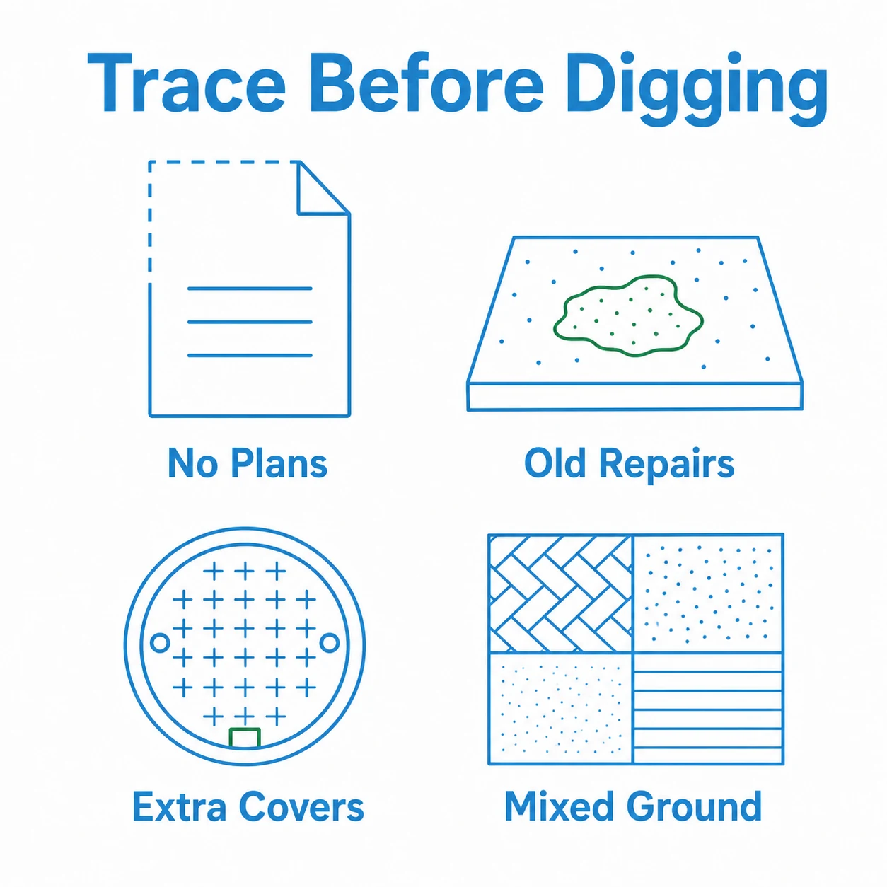 Checklist of signs that buried pipework should be traced before digging