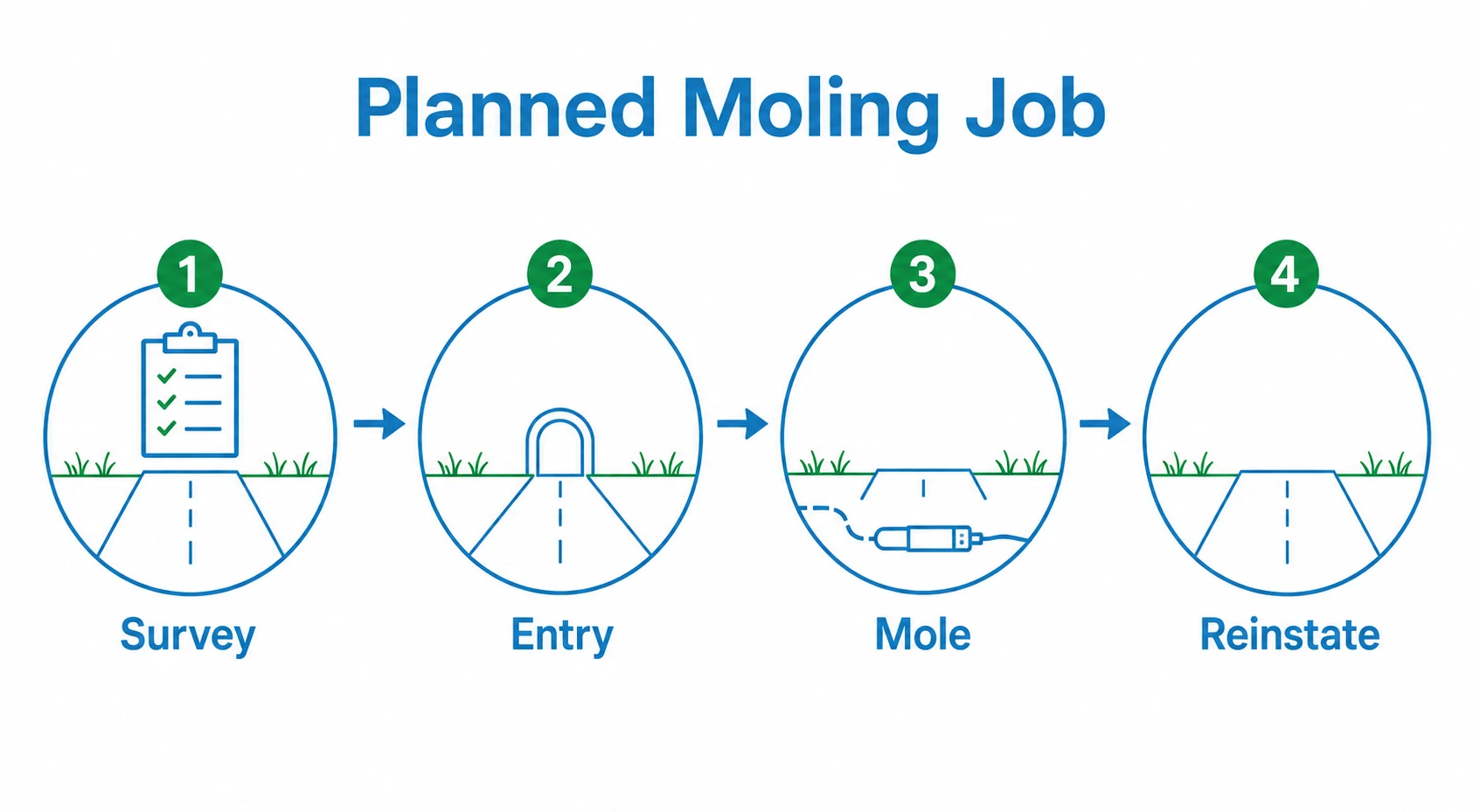 Process graphic showing survey, entry pit, moling route and reinstatement stages